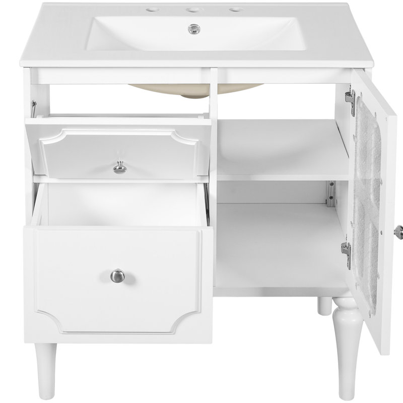 Meuble-lavabo blanc rétro 30 po avec lavabo en céramique, meuble-lavabo simple autoportant, 2 tiroirs de rangement, finition peinte imperméable et charnières à fermeture douce, métal argenté dissimulé