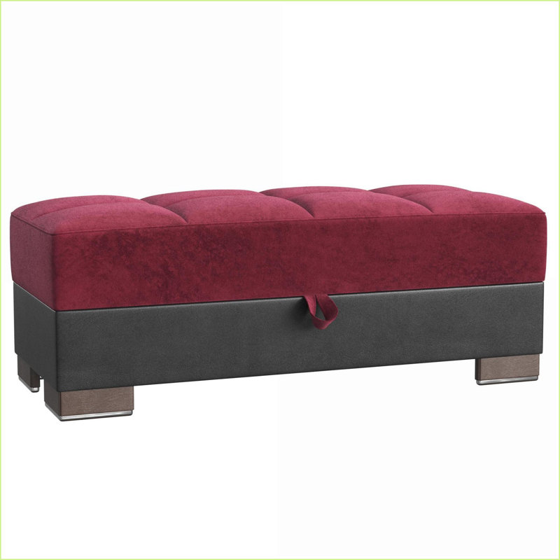 Repose-pieds avec rangement Microfibre en polyuréthane rouge bourgogne clic-clac - Studio / Dortoir / Salon | Noyer brun | Bois