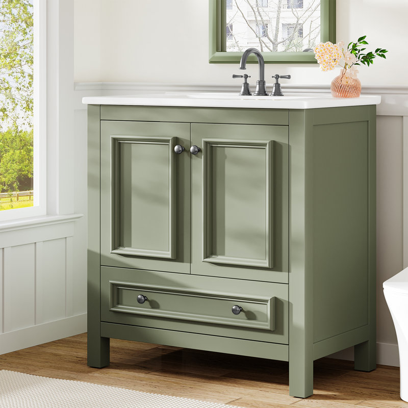 Meuble-lavabo autoportant avec cadre en bois massif 30 po avec lavabo et organisateur de porte, Vert, 30"