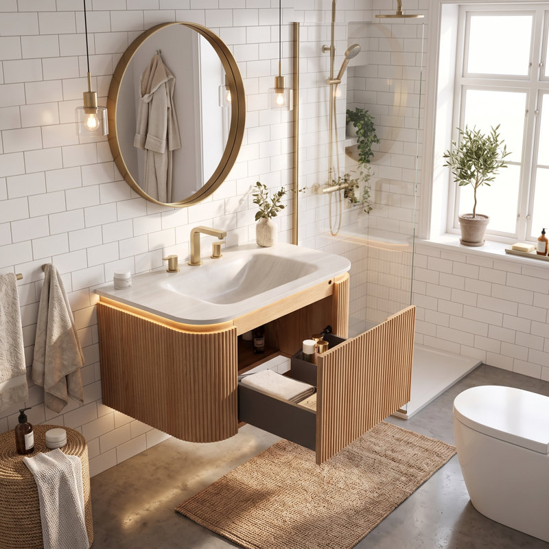 Meuble-lavabo flottant avec lumière à capteur et motif de travertin intégré, 30''