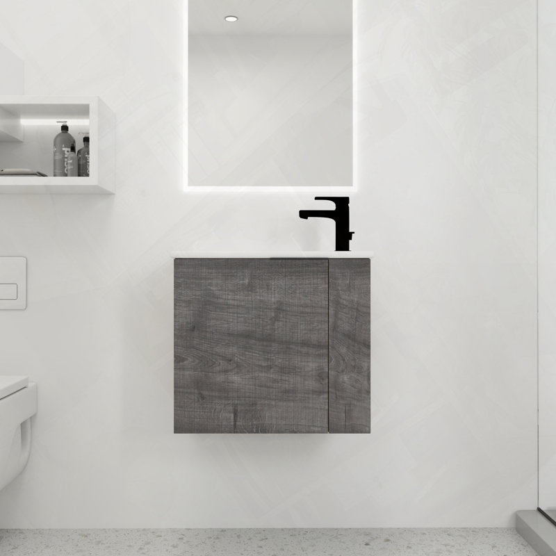 Meuble-lavabo flottant avec évier, Chêne gris carreauté