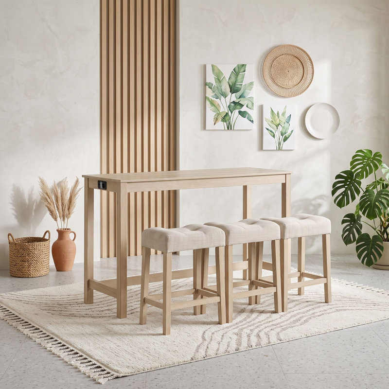 Ensemble de table de bar 4 pièces avec prise électrique intégrée et tabourets rembourrés, table de bar compacte pour cuisine et salle à manger