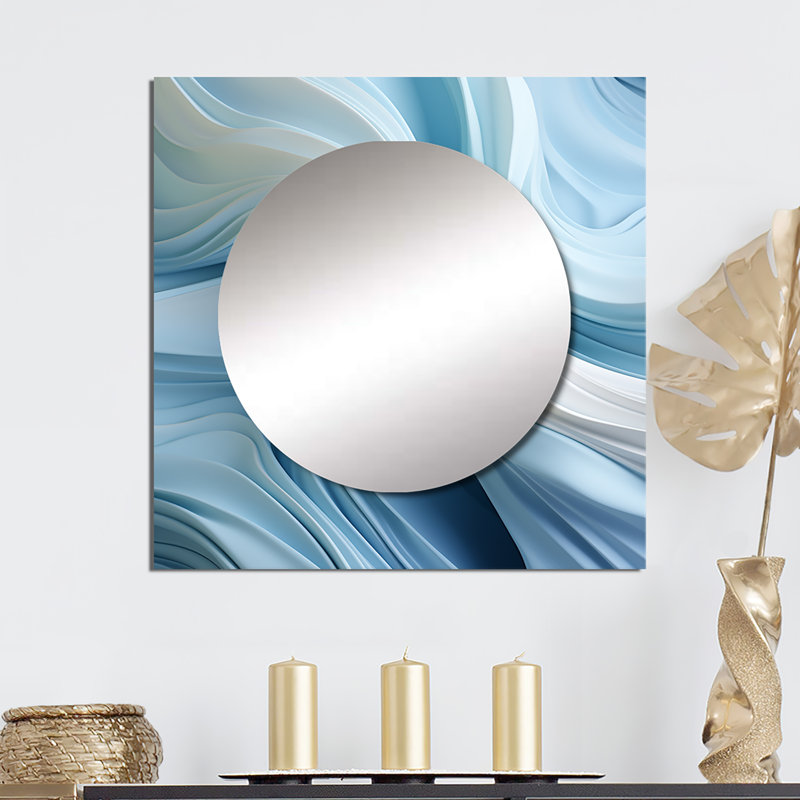 Virginie - White & Blue Zen Zephyr Spiral I Abstract Spirals Square Living Room Wall Mirror Art, 23" x 23"