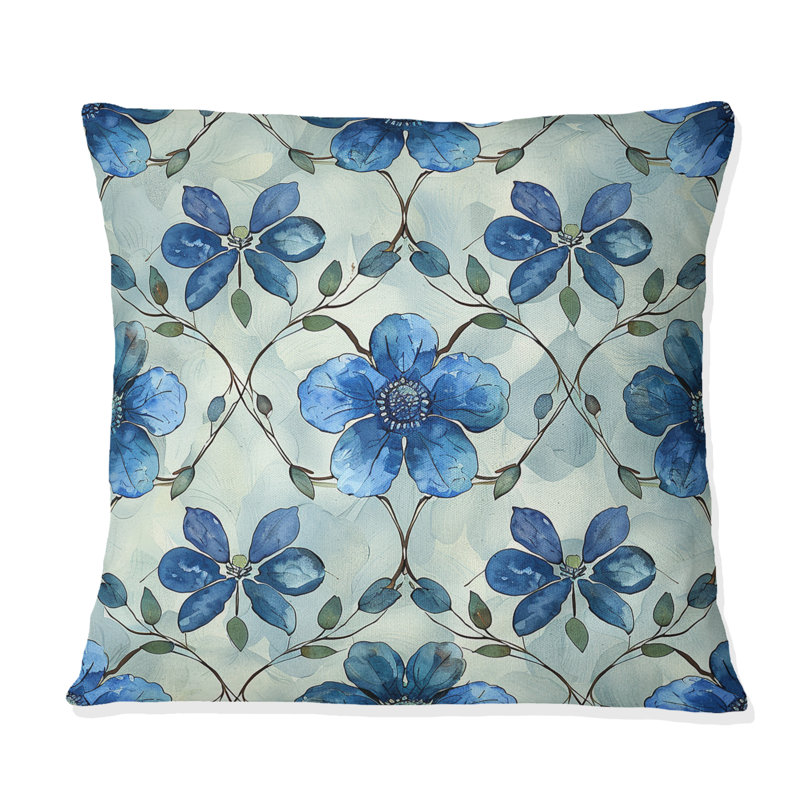 Coussin décoratif floral bleu à motif de treillis II, H 18 po x l 18 po