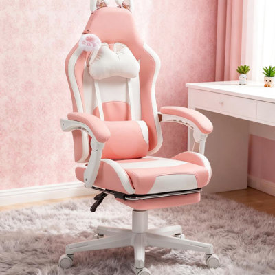 Fauteuil de jeu de course avec repose-pieds, design, couleur blanche, siège réglable et, relevable, roulettes Pu pour les longues sessions, oreilles de chat amovibles roses, 135 coussin inclinable lombaire amovible, pivotant