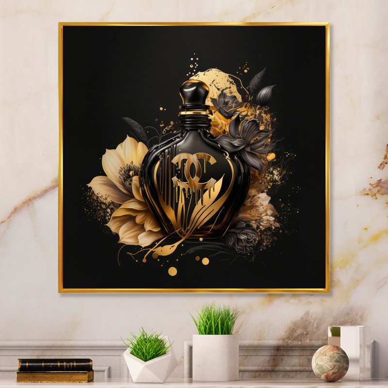 «Chic Black and Gold Perfume Bottle VII», reproduction d'art sur toile encadrée, H 24 po x l 24 po x P 1 po