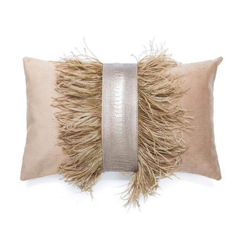 Velvet Lumbar Pillow w/ Feather Trim, Antique