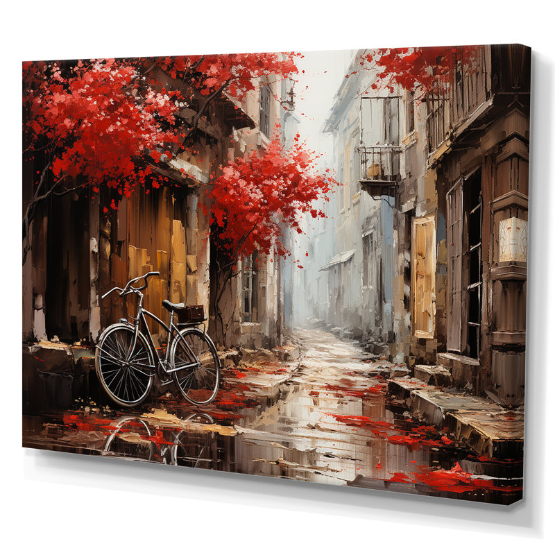 Crimson Ride Red Flowers I - Art mural de bicyclette pour le salon, Toile tendue, H 34 po x l 44 po x P 1,5 po