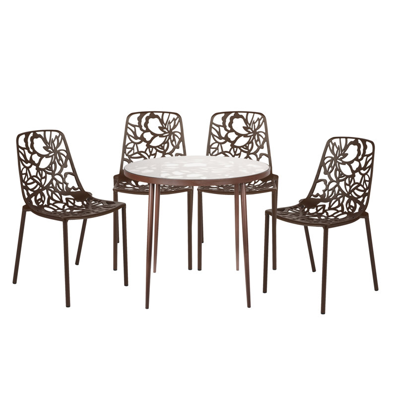 Houser 5-Piece Dining Set with Round Glass Dining Table and 4 Dining Side Chair in Aluminum, Brown