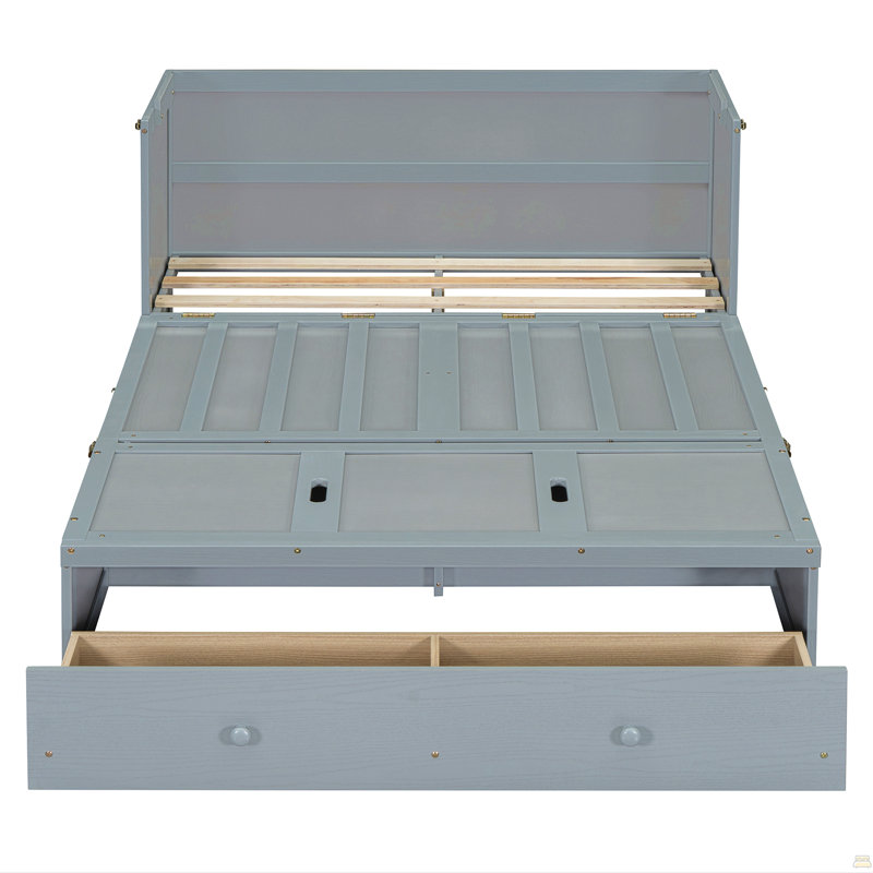 Lit escamotable double avec port USB et grand tiroir, Gris, Lit double