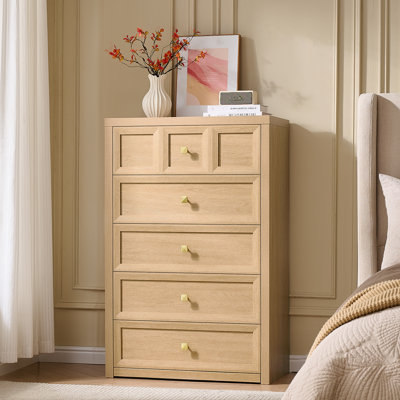 5 Drawers Dresser Cabinet,  Natural, 45 inch Wood Tall Chest of Drawers ,Dresser Organizer