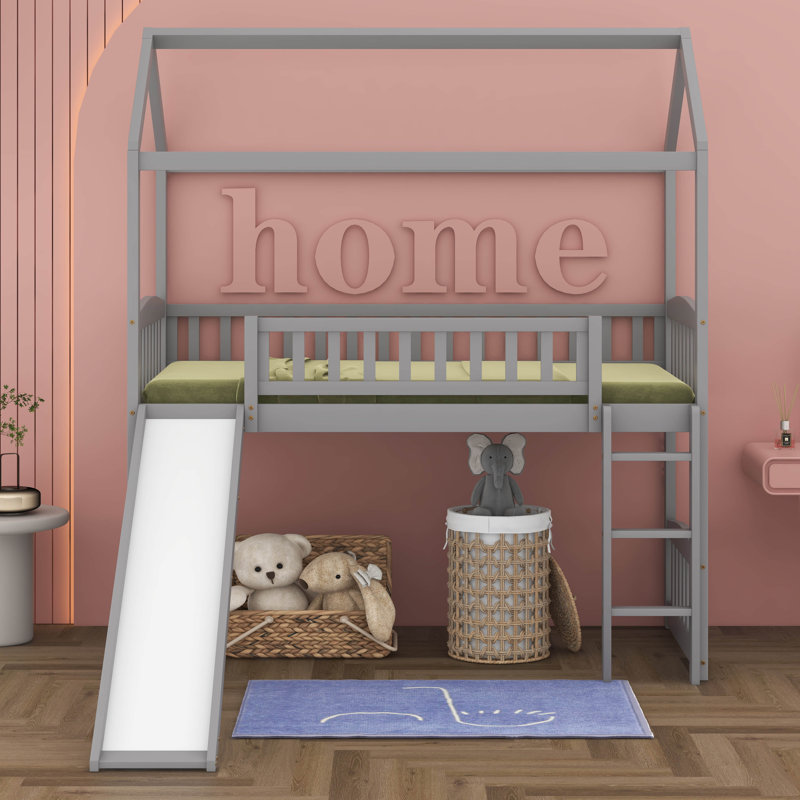 Twin House Loft Bed With Slide, Wood Playhouse Loft Bed Frame With Ladder And Roof For Kids, Gray