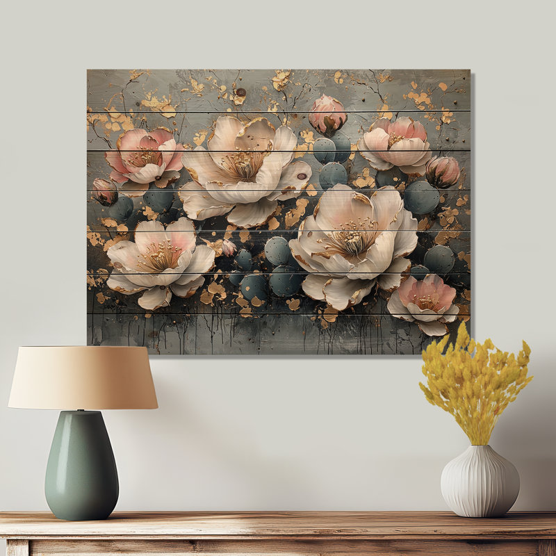 Spring Dance Of Peonies Flowers - Peonies Wood Wall Art - On Natural Pine Wood, 24" H x 32" W x 0.78" D