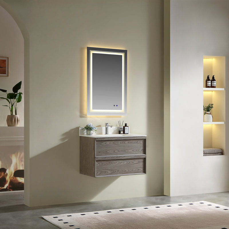 Meuble-lavabo mural moderne en bois naturel 24 po avec lavabo Mid-Century, Gray