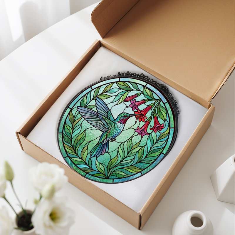 Panneau de vitrail à motif floral Colibri ， H 12 po, H 12 po