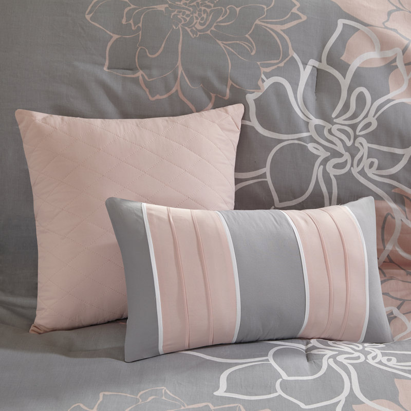 Lola Twin Gray and Blush Cotton Floral Comforter Set