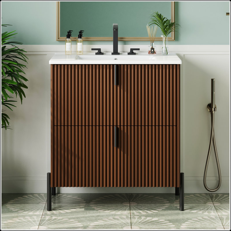 Meuble-lavabo autoportant de 30 pouces avec lavabo en céramique, tiroirs à fermeture en douceur et conception cannelée pour un rangement élégant