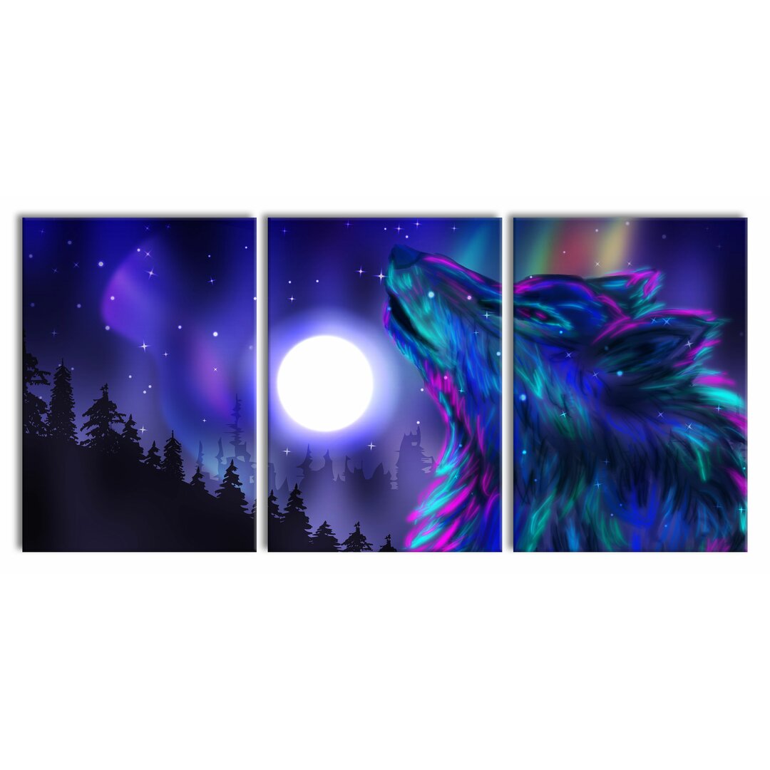 3-tlg. Leinwandbilder-Set Abstrakter Wolf mit Mond