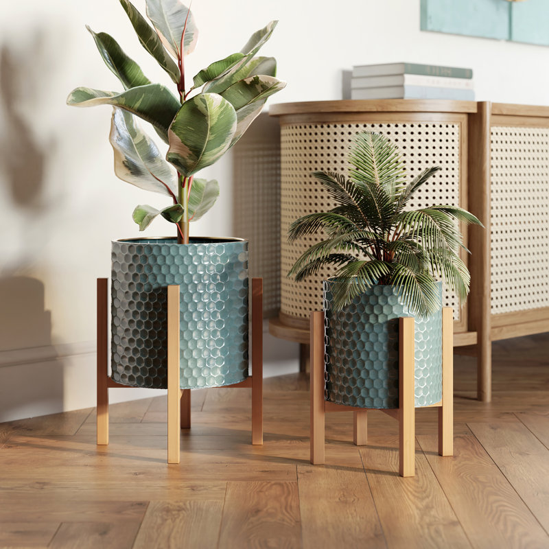 Resma  Mid Century Modern Indoor Metal Pot Planter 4-Leg Wood Base - Set