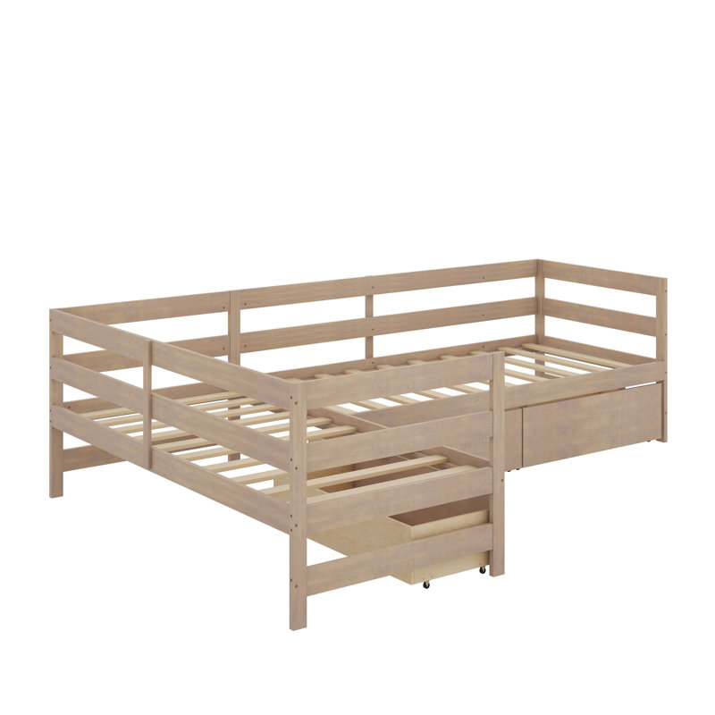 Lit plateforme simple en L avec tiroirs de rangement, Naturel