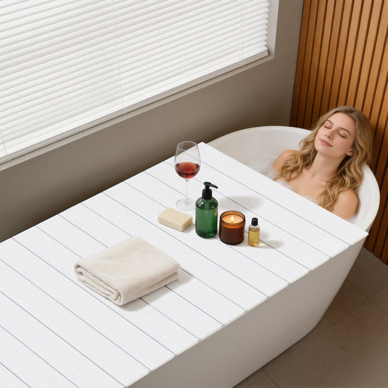Bathtub Tray, Foldable Anti-Dust Bathtub Cover Bath Insulation Cover, Pvc Shutter Bath Lid Fit Most Tubs, Can Store Wine Glass, Books, Tablets, Cellphones (White, 160×80×0.7Cm)