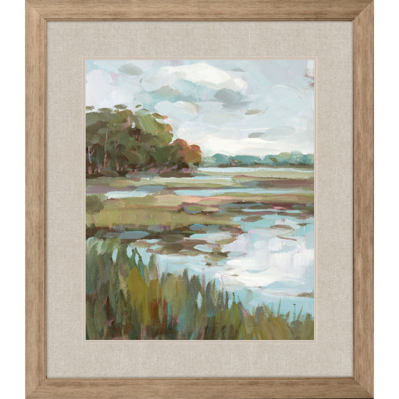 «Riverside View Watercolor Waterscape», art mural encadré