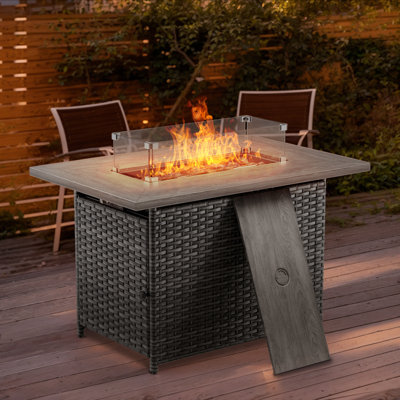 Schutt Rectangular PE Wicker Fire Pit Table With Lid - 50,000 BTU Adjustable Outdoor Heater