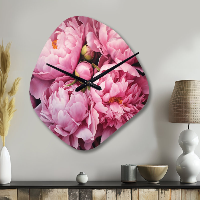 Horloge murale florale rose et vert pivoine II captivante, Petit