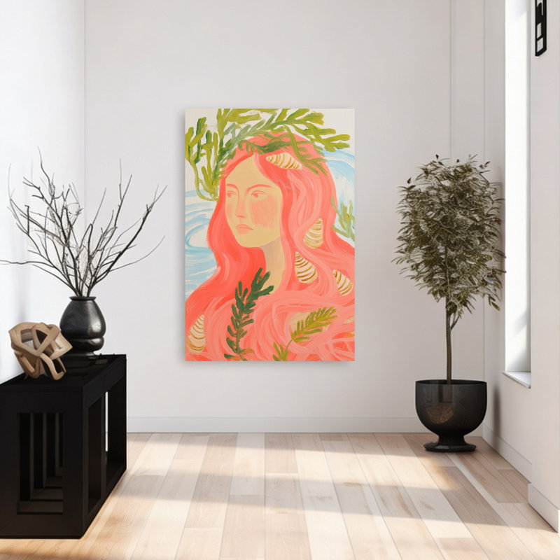 Pink Haired Mermaid Ethereal Serene Abstract Nature Ocean Wall Art Print 1 Piece Wrapped Canvas Wall Art