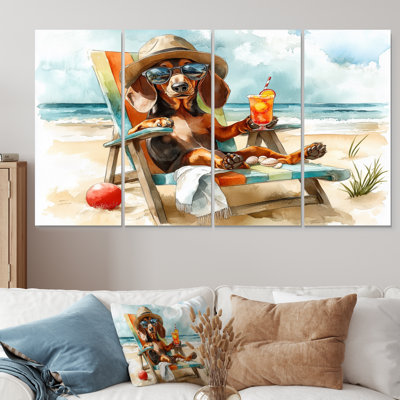 Brown Dachshund Dog On The Beach Lounging II - Coastal Animal Wall Decor Set