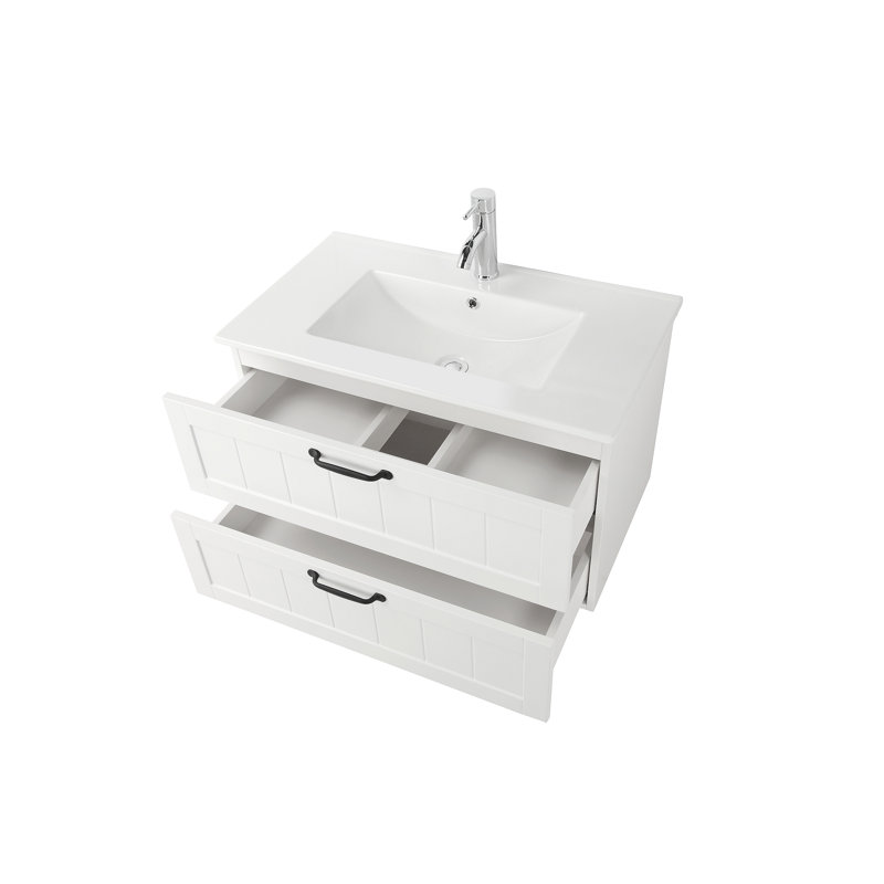 Armoire de meuble-lavabo 31,5 "avec lavabo, armoire flottante murale avec ligne décorative, système de fermeture en douceur, 2 très grands tiroirs, bois massif, pour salle de bain blanc