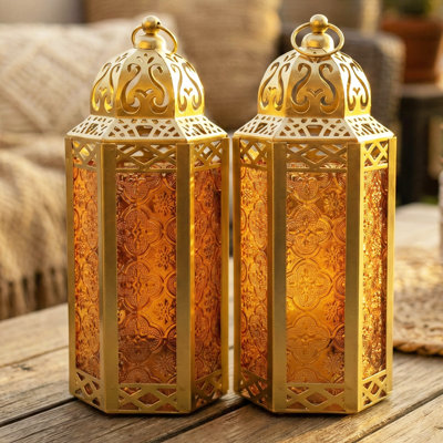 Gold Moroccan Candle Lantern Decorative Candle Holder Lamp for Table or Hanging, Ramadan Decorations, Weddings, Indoor Home Decor, Outdoor Patio or Porch (Set of 2)