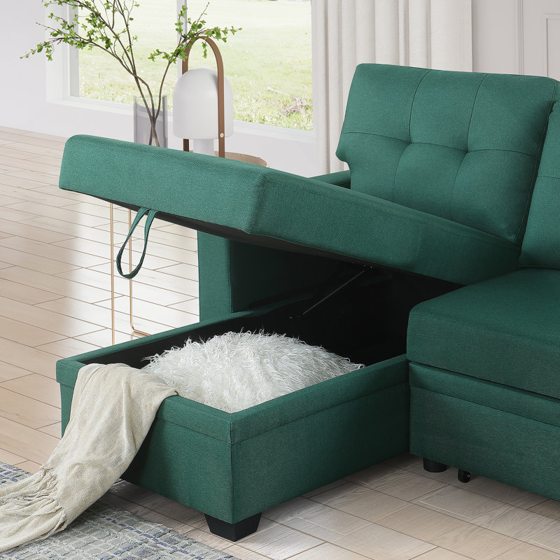 Canapé modulaire convertible rembourré avec méridienne coulissante, Lin vert