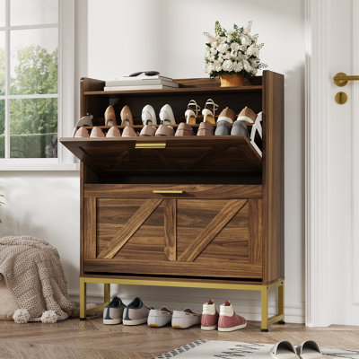 Walnut Narrow Shoe Cabinet w/ 2 Flip Drawers, Freestanding Organizer w/ Adjustable Shelves