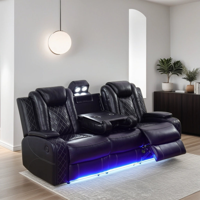 Keyia 83.5'' Breathable Leather Power Reclining with LED and Reading Lighting Sofa