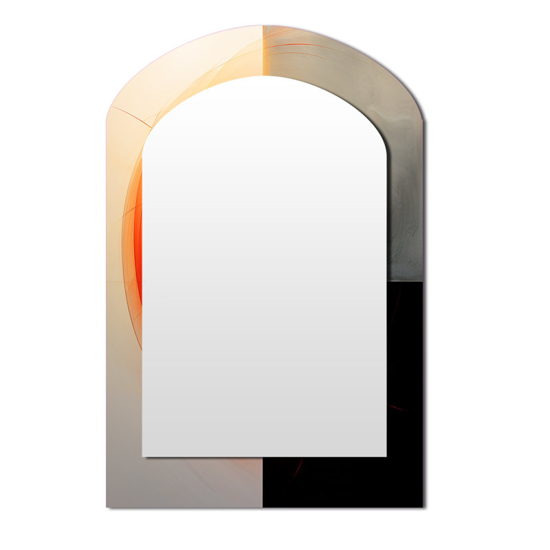 Red Moon Rising Abstract Landscape - Geometric Arch Mirror, Orange Asymmetrical Decorative Wall Mirror, Printed Metal Art