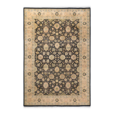 Tapis noir en laine noué à la main de conception unique 6 pi 1 po x 9 pi Hayner