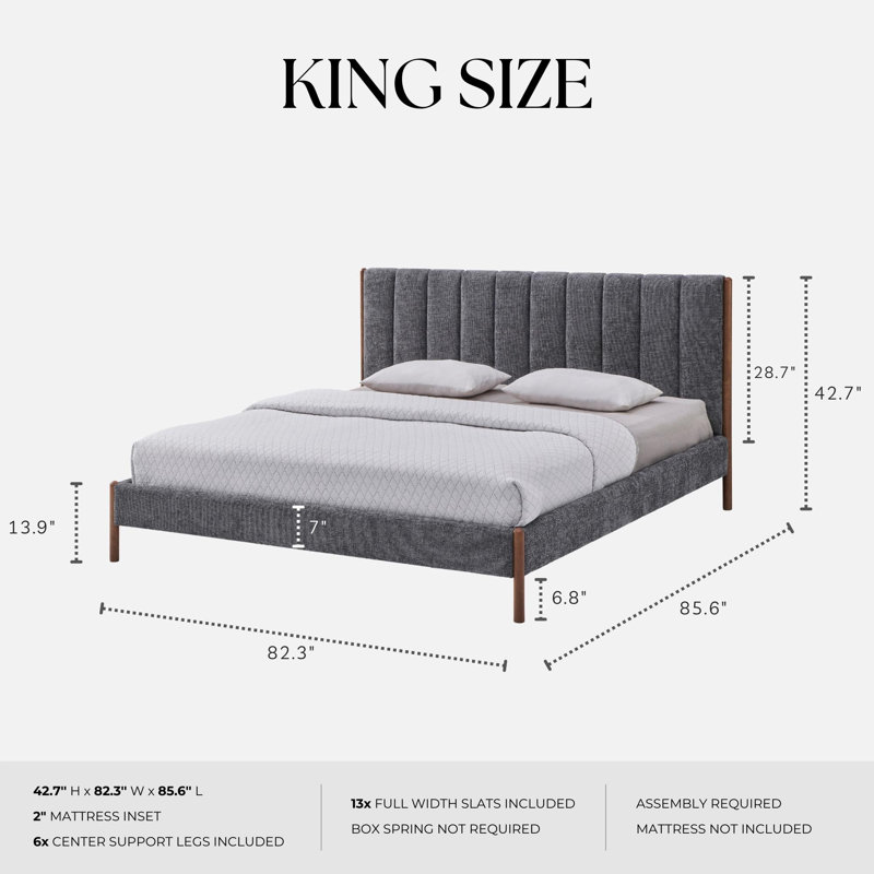 Upholstered Platform Bed, Gray, King