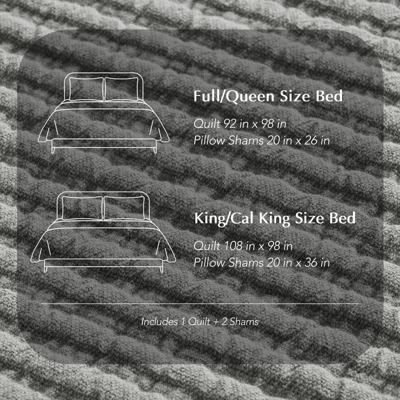 Ribbed Matelassé Cotton Coverlet Set, King Quilt + 2 King Shams, Fog Gray
