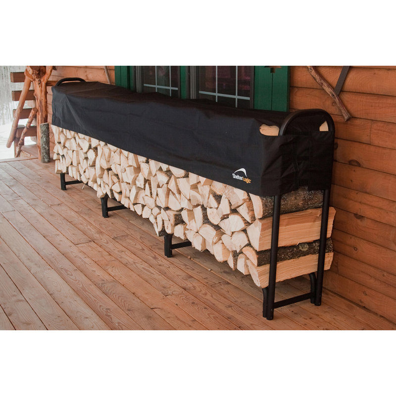 12 ft Black Steel Firewood Rack with Water-Resistant Cover