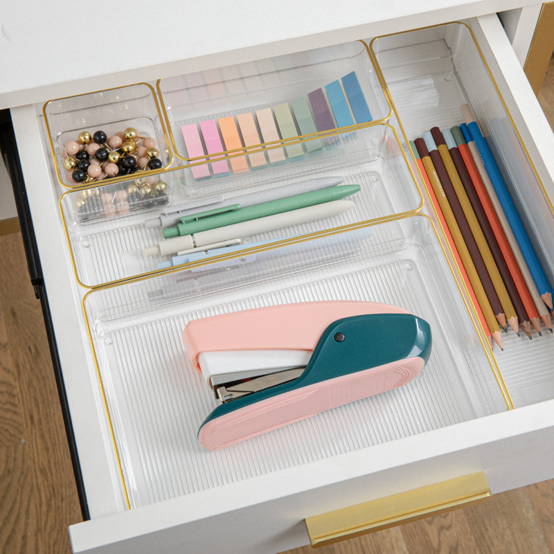 Clear Plastic Stackable Office Desk Drawer Organizers with Gold Trim, Set of 6