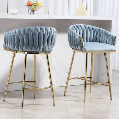 De 2 tabourets de bar à hauteur de comptoir de 26 po, velours bleu avec structure ondulée à la main pour îlot de cuisine, base et repose-pieds chromés dorés, coussin moelleux à rebond élevé, tabourets réglables en métal (2),