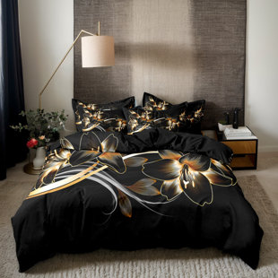Gold Floral Microfiber Duvet Cover Set with Pillowcases, Digital Print Black Background Botanical Front with Solid Black Back, Reversible Bedding, Twin Full Queen King, Comforter and Pillow Inserts Not Included