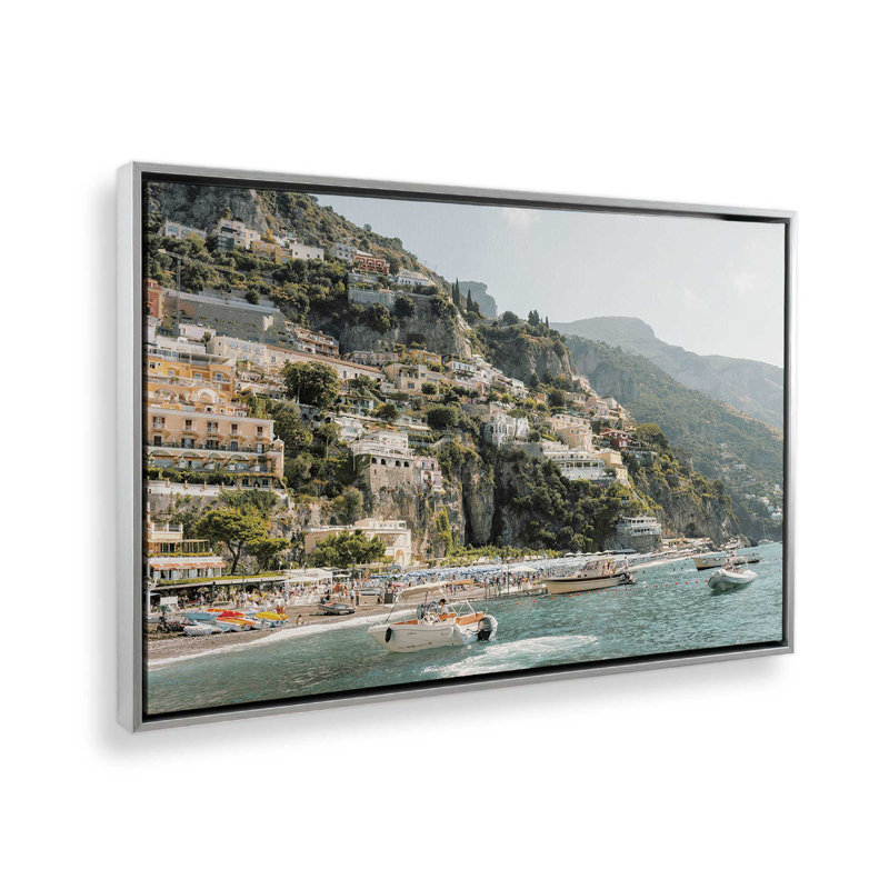 Impression sur toile Nautical Positano, Cadre flottant en chrome poli, H 32,75 po x l 48,75 po x P 1,75 po, 1