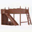 Lit mezzanine double avec tablettes de rangement, garde-robe et glissière amovible, fabrication en bois massif, aucun sommier requis, finition naturelle foncée-133491145