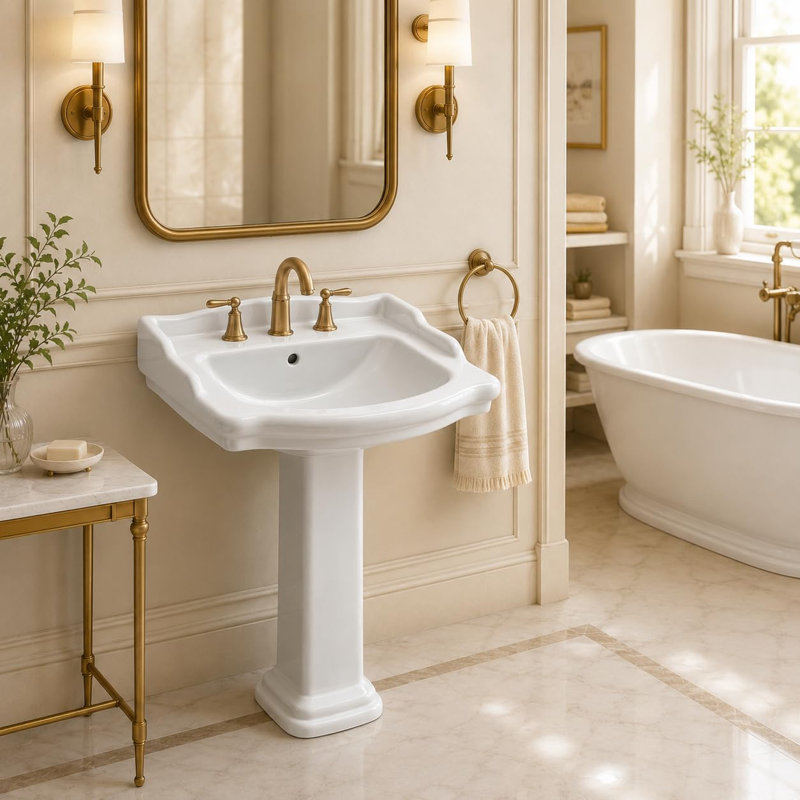 Lavabo classique sur pied en céramique blanche - Vasque à colonnes vintage autoportante, rebord surélevé, finition brillante - Entraxe de robinetterie 3 trous de 8 pouces (trous de 8 pouces)