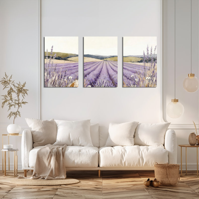 Tableau sur toile représentant un champ de lavande (lot de 3), H 18 po x l 36 po