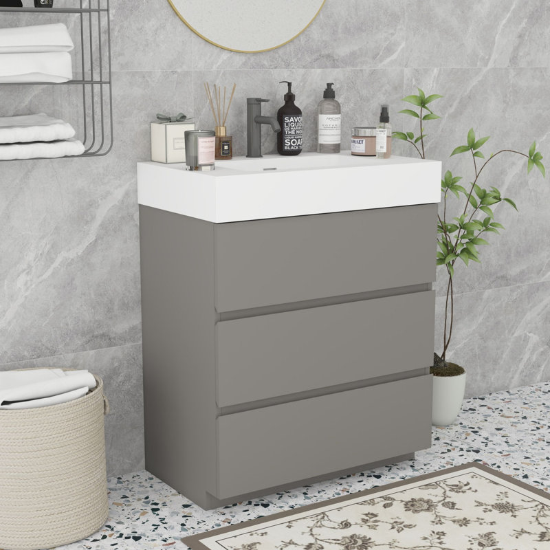 Meuble-lavabo moderne autoportant, Blanc, Gris