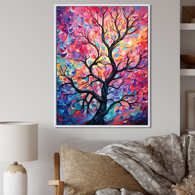«Pink Tree Essence I» - art mural arbre, H 40 po x l 30 po x P 1,5 po, Cadre flottant blanc