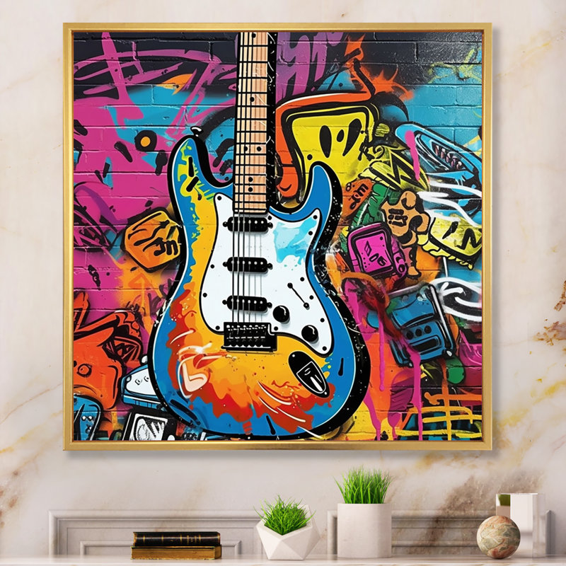 Graffity Guitars Street - Imprimé, H 24 po x l 24 po x P 1 po, Cadre flottant doré